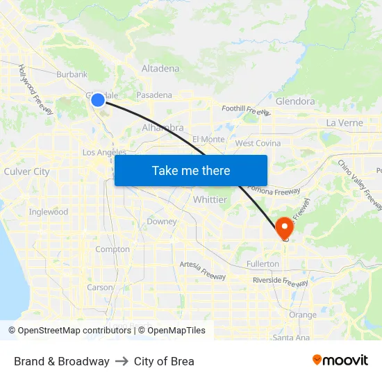 Brand & Broadway to City of Brea map
