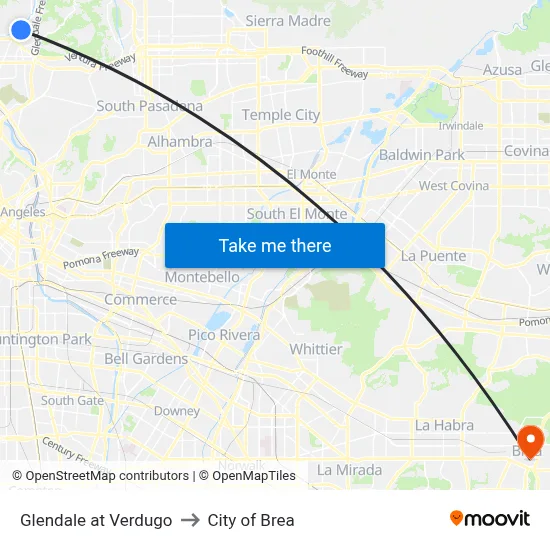 Glendale at Verdugo to City of Brea map