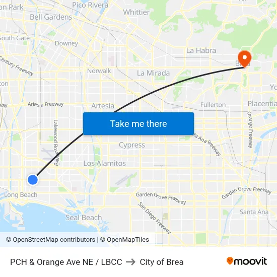 PCH & Orange Ave NE / LBCC to City of Brea map