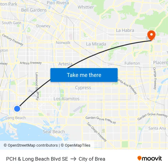 PCH & Long Beach Blvd SE to City of Brea map