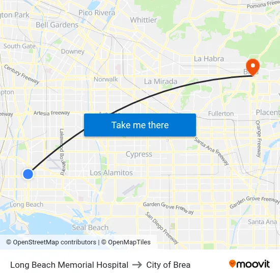 Long Beach Memorial Hospital to City of Brea map
