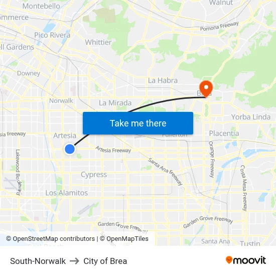 South-Norwalk to City of Brea map