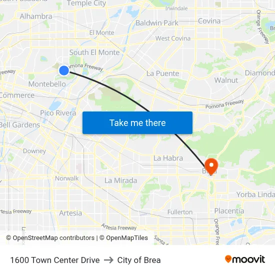 1600 Town Center Drive to City of Brea map