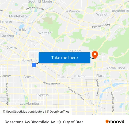 Rosecrans Av/Bloomfield Av to City of Brea map