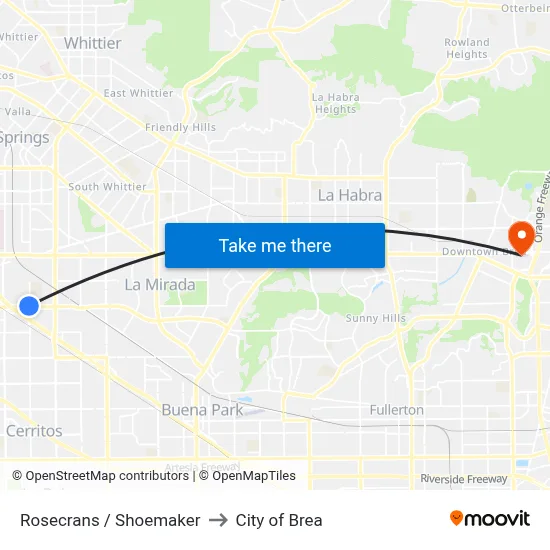 Rosecrans / Shoemaker to City of Brea map