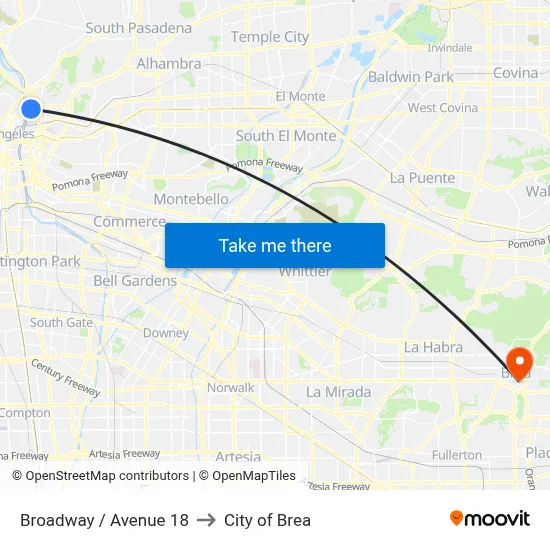Broadway / Avenue 18 to City of Brea map