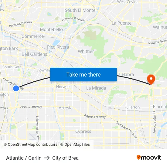 Atlantic / Carlin to City of Brea map
