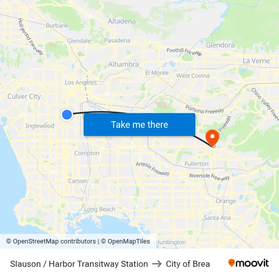 Slauson / Harbor Transitway Station to City of Brea map