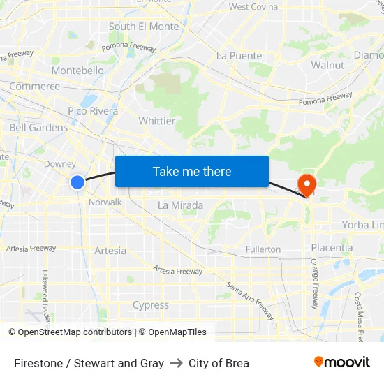 Firestone / Stewart and Gray to City of Brea map