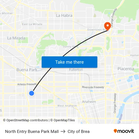North Entry Buena Park Mall to City of Brea map