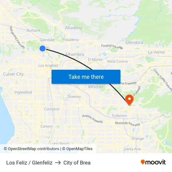Los Feliz / Glenfeliz to City of Brea map