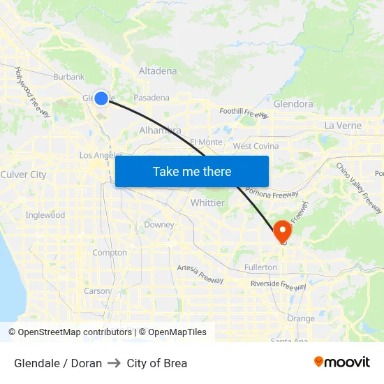 Glendale / Doran to City of Brea map