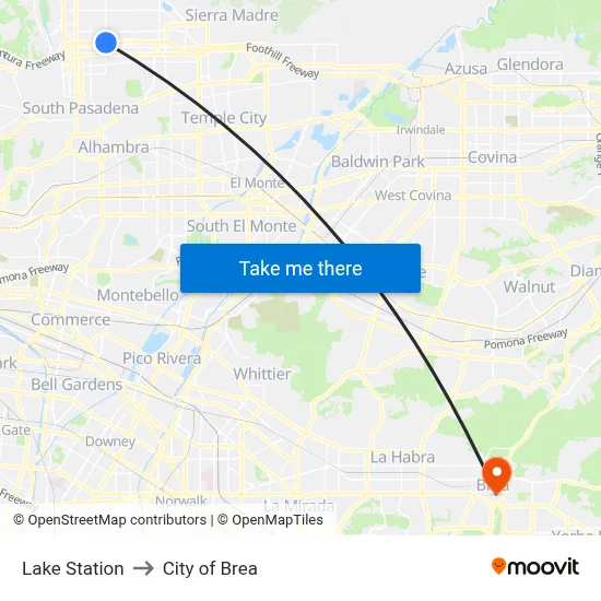 Lake Station to City of Brea map