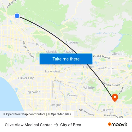 Olive View Medical Center to City of Brea map