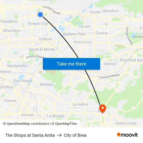The Shops at Santa Anita to City of Brea map