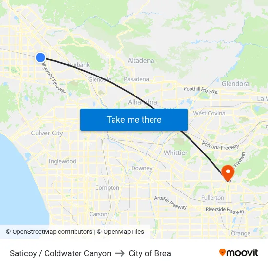 Saticoy / Coldwater Canyon to City of Brea map
