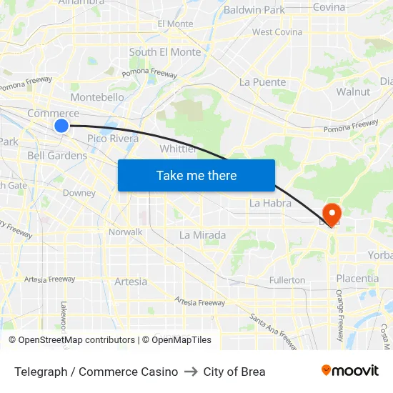 Telegraph / Commerce Casino to City of Brea map