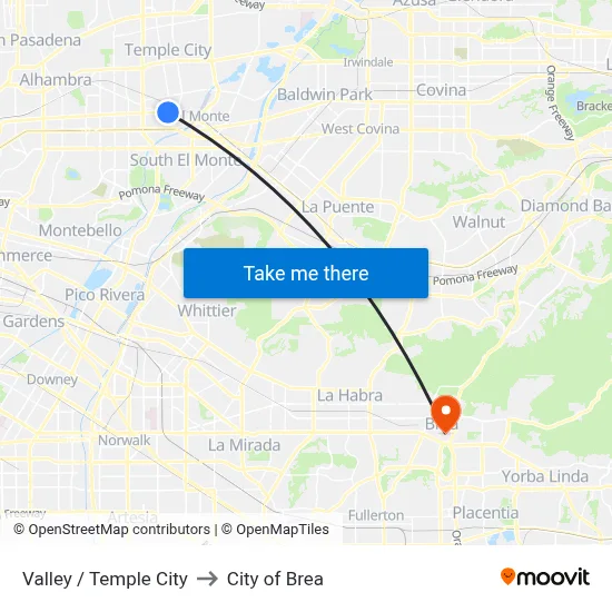 Valley / Temple City to City of Brea map