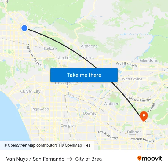 Van Nuys / San Fernando to City of Brea map