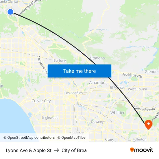 Lyons Ave & Apple St to City of Brea map
