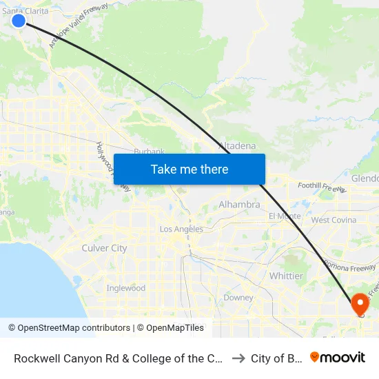 Rockwell Canyon Rd & College of the Canyons to City of Brea map