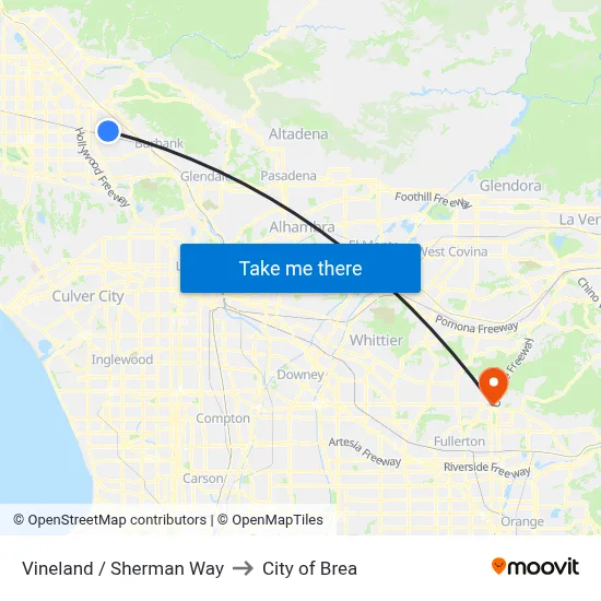 Vineland / Sherman Way to City of Brea map