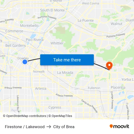 Firestone / Lakewood to City of Brea map