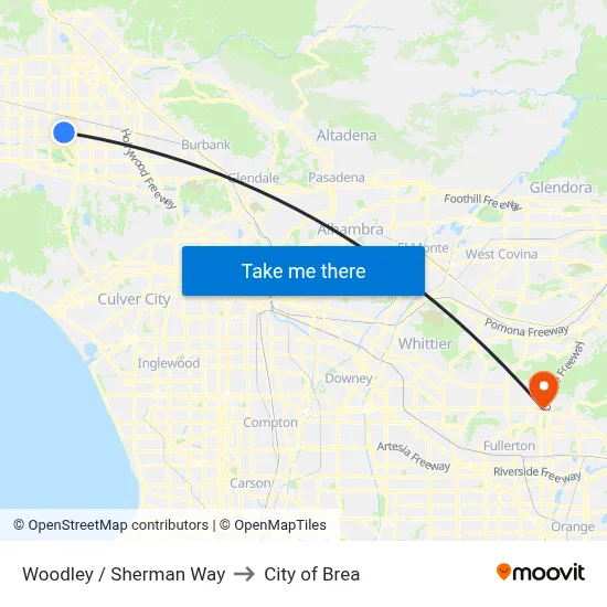 Woodley / Sherman Way to City of Brea map