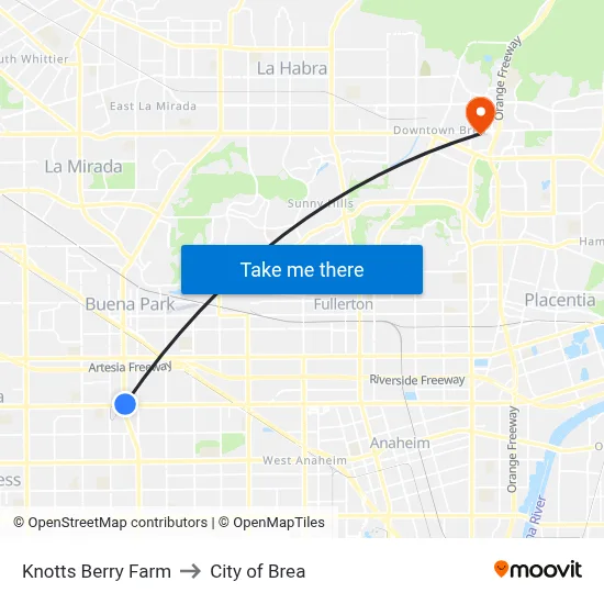 Knotts Berry Farm to City of Brea map