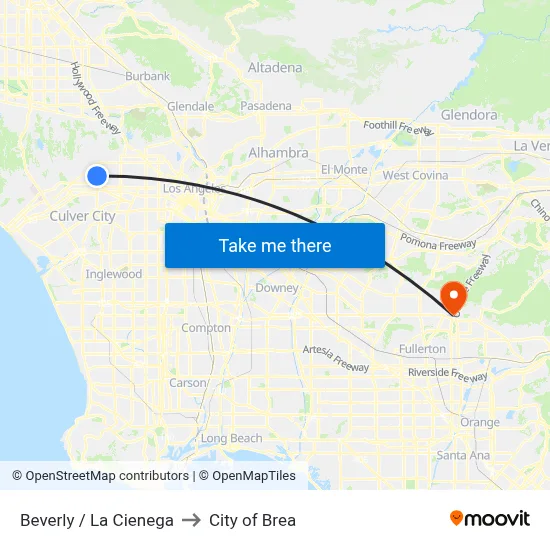 Beverly / La Cienega to City of Brea map