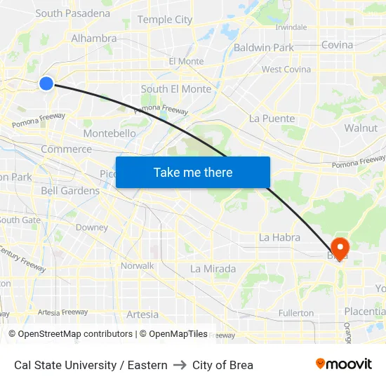 Cal State University / Eastern to City of Brea map