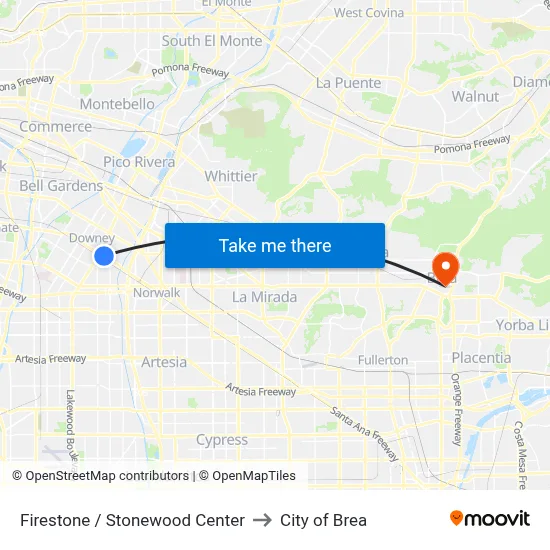 Firestone / Stonewood Center to City of Brea map