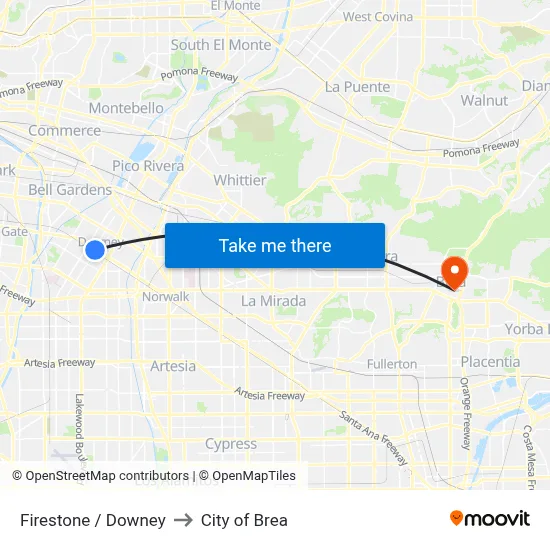 Firestone / Downey to City of Brea map