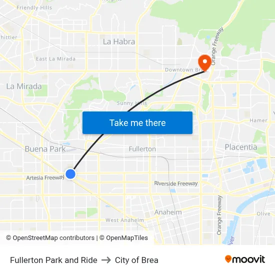 Fullerton Park and Ride to City of Brea map
