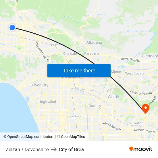 Zelzah / Devonshire to City of Brea map