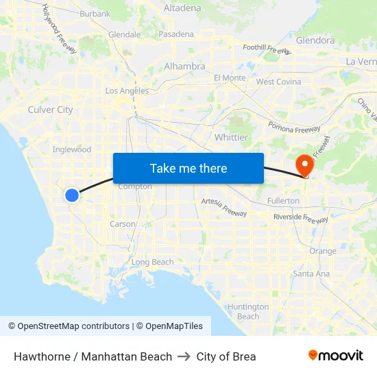 Hawthorne / Manhattan Beach to City of Brea map
