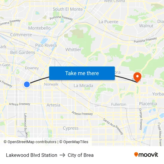 Lakewood Blvd Station to City of Brea map