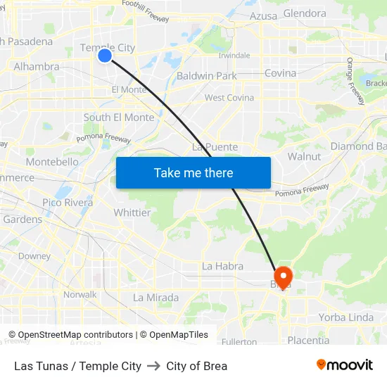 Las Tunas / Temple City to City of Brea map