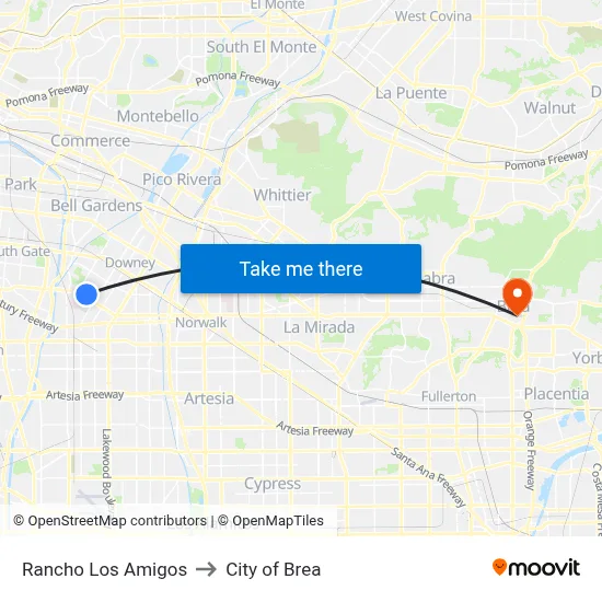 Rancho Los Amigos to City of Brea map