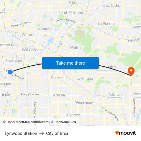 Lynwood Station to City of Brea map