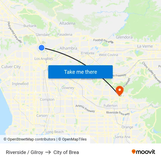 Riverside / Gilroy to City of Brea map