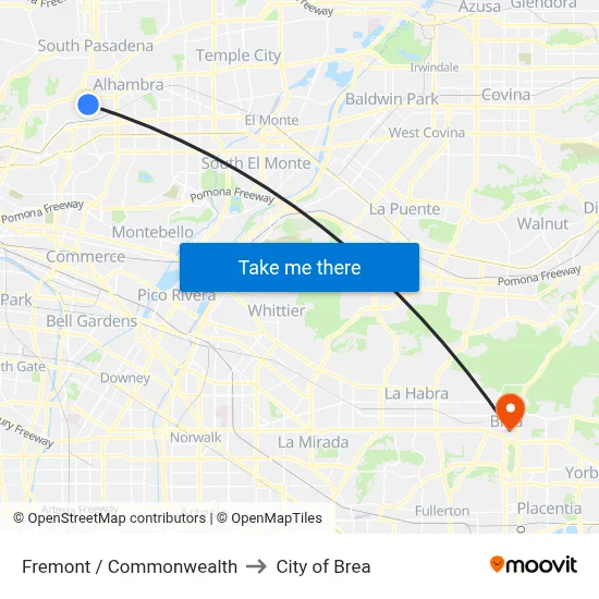 Fremont / Commonwealth to City of Brea map