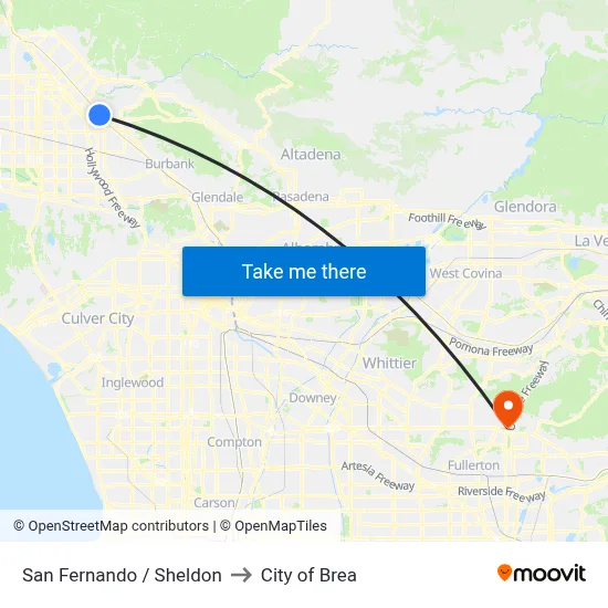 San Fernando / Sheldon to City of Brea map