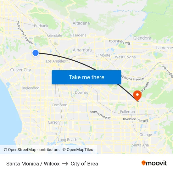 Santa Monica / Wilcox to City of Brea map
