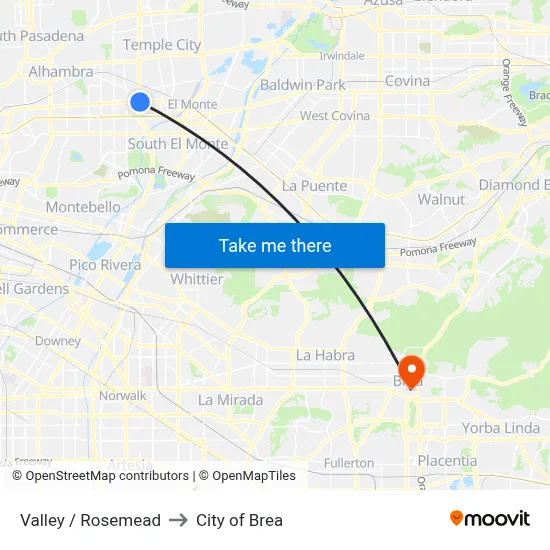 Valley / Rosemead to City of Brea map