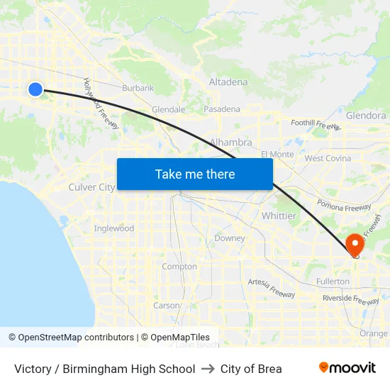 Victory / Birmingham High School to City of Brea map