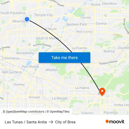 Las Tunas / Santa Anita to City of Brea map