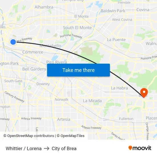 Whittier / Lorena to City of Brea map