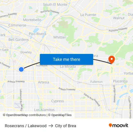 Rosecrans / Lakewood to City of Brea map