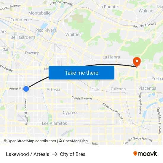 Lakewood / Artesia to City of Brea map